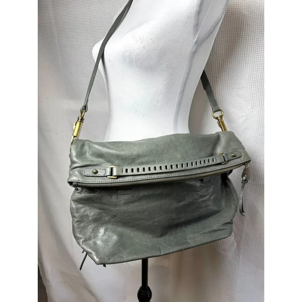 Joelle Hawkens Crossbody Bag Gray Green Victory Foldover Leather Chic Boho EUC